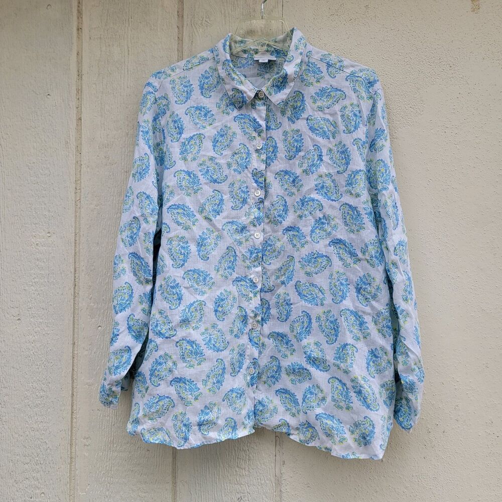 J. Jill Love Linen Button Down Shirt 100% Linen sz XL Lagenlook Paisley Coastal